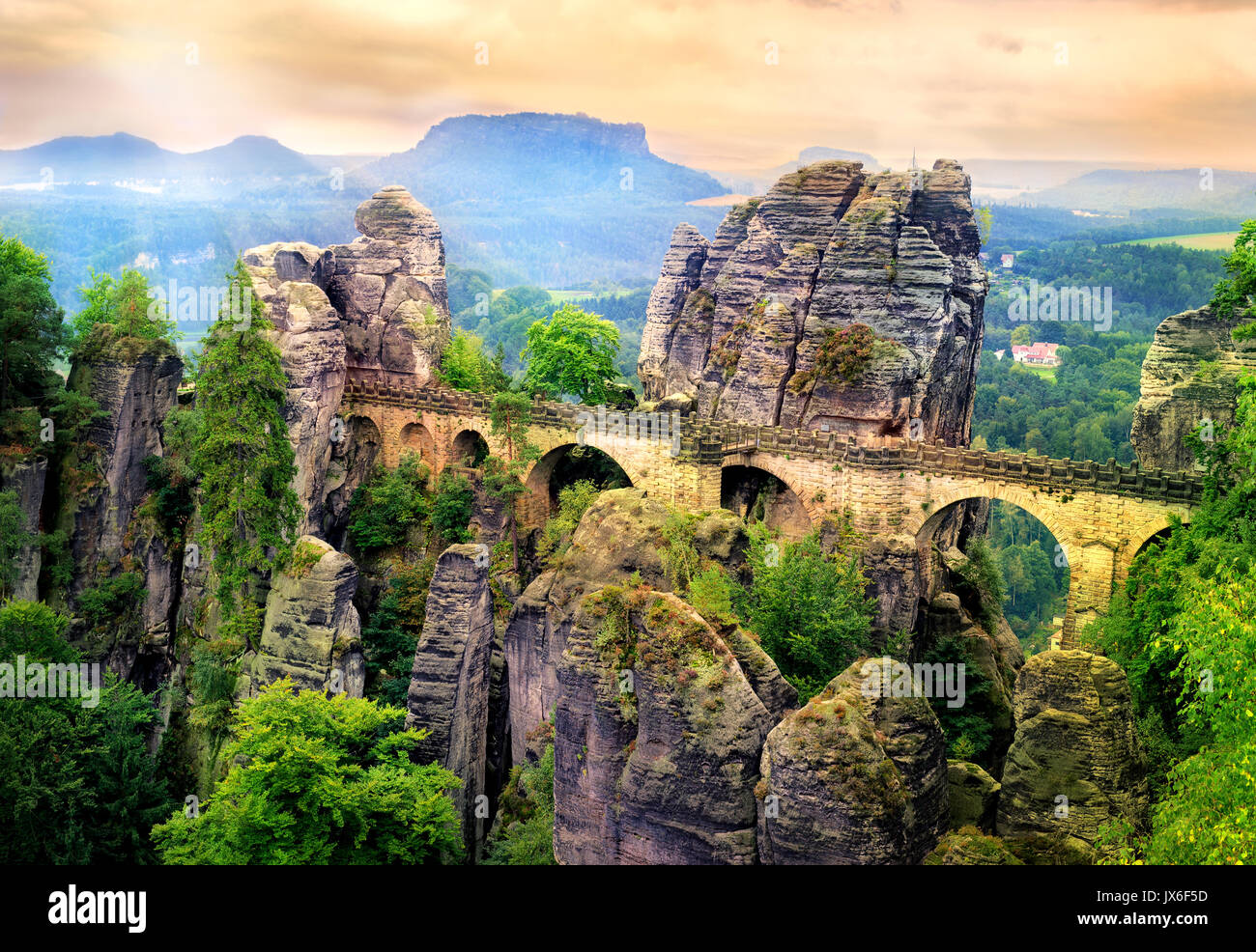 Bastei Bridge in the Elbe Sandstone Mountains is the major landmark of the Saxon Switzerland National Park, Dresden, Germany Stock Photo