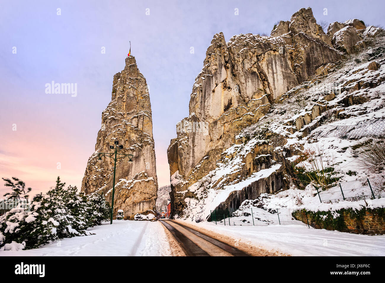 Bizarre rocks in Ardennes mountains on the entrance to Dinant town, Belgium Stock Photo
