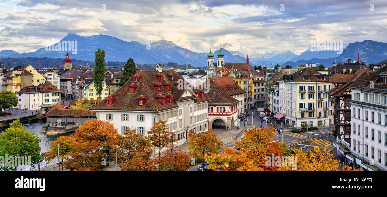 Panoramic view of the Old Town of Lucerne with Alps mountains in background, Switzerland Stock Photo