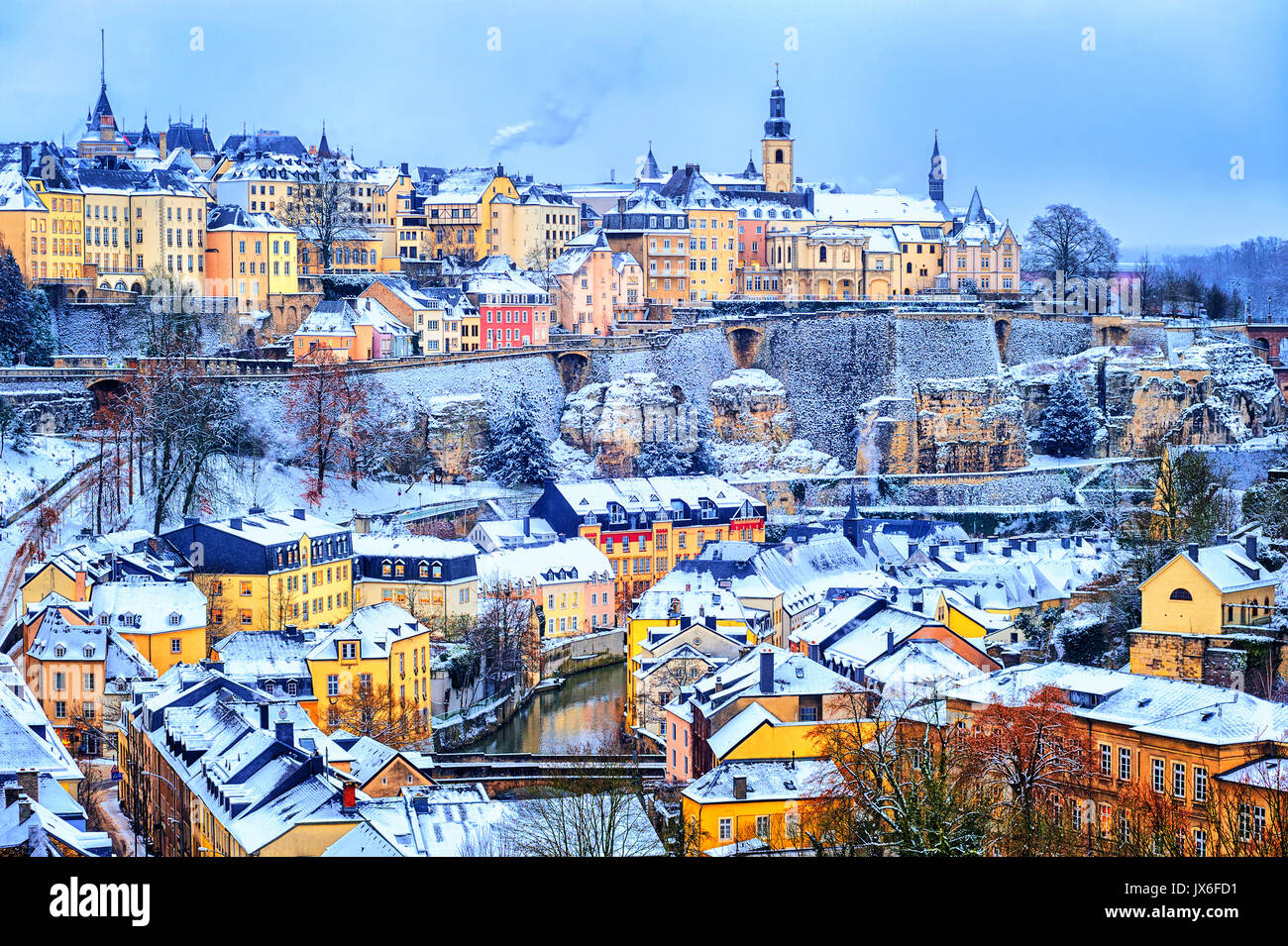 Old town of Luxembourg city snow white in winter, Europe Stock Photo