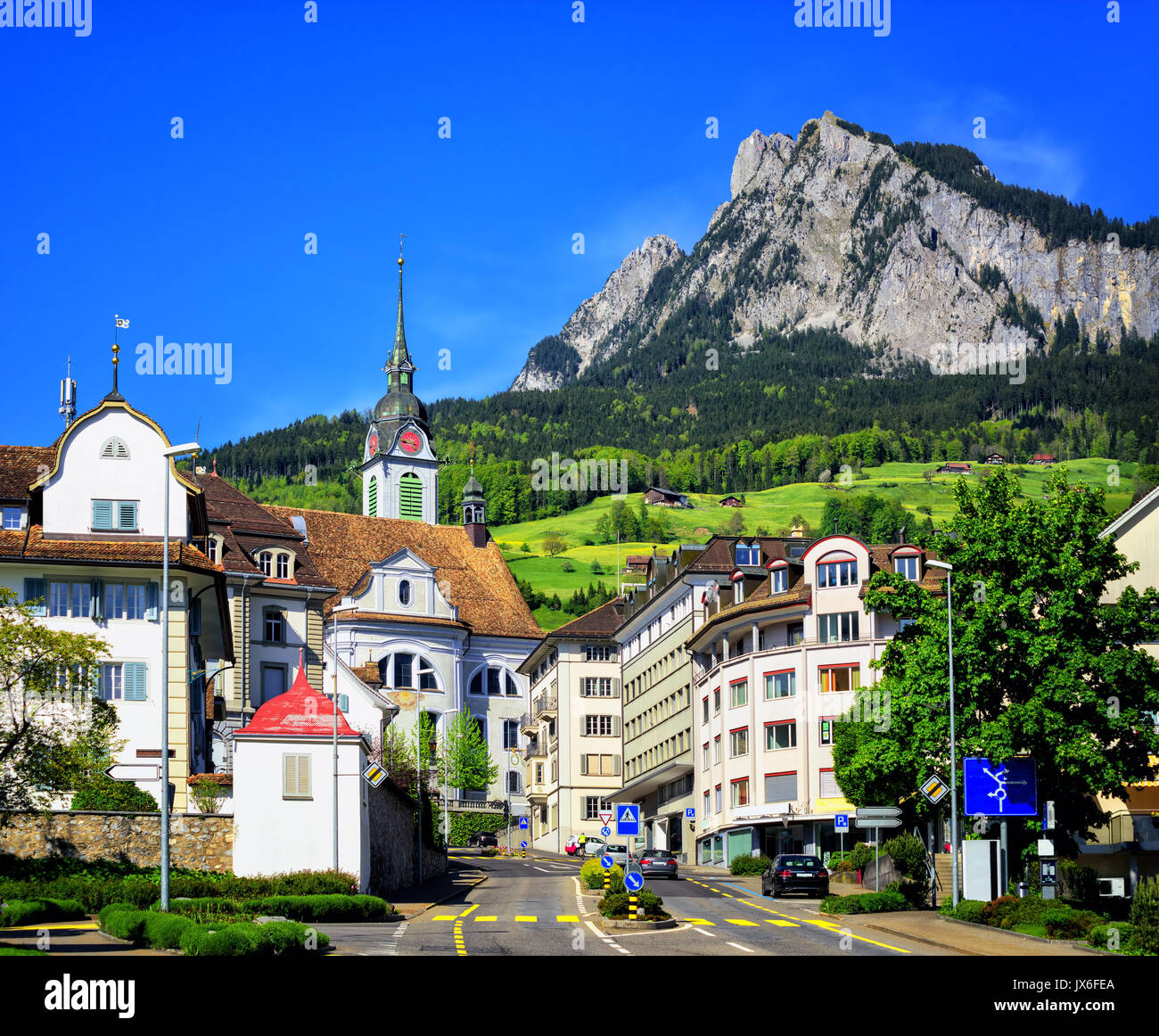 Schwyz town in Alps mountains, Central Switzerland, on a summer day Stock Photo