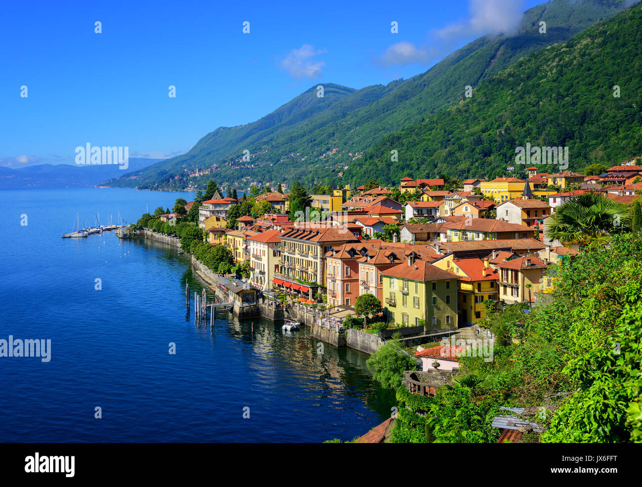 Historical tourist resort town Cannero Riviera on Lago Maggiore lake, Alps mountains, Italy Stock Photo