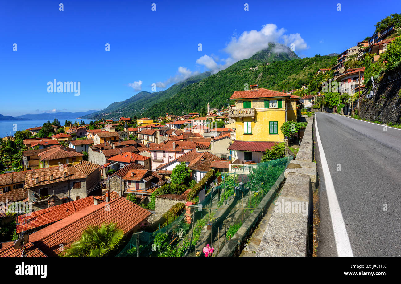 Historical resort town Cannero Riviera on Lago Maggiore lake in Alps mountains, Italy Stock Photo
