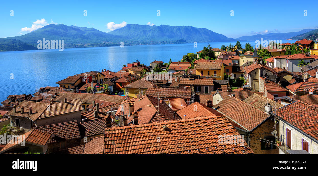 Panoramic view of the historical old town Cannero Riviera on Lago Maggiore lake, Italy, Alps mountains Stock Photo