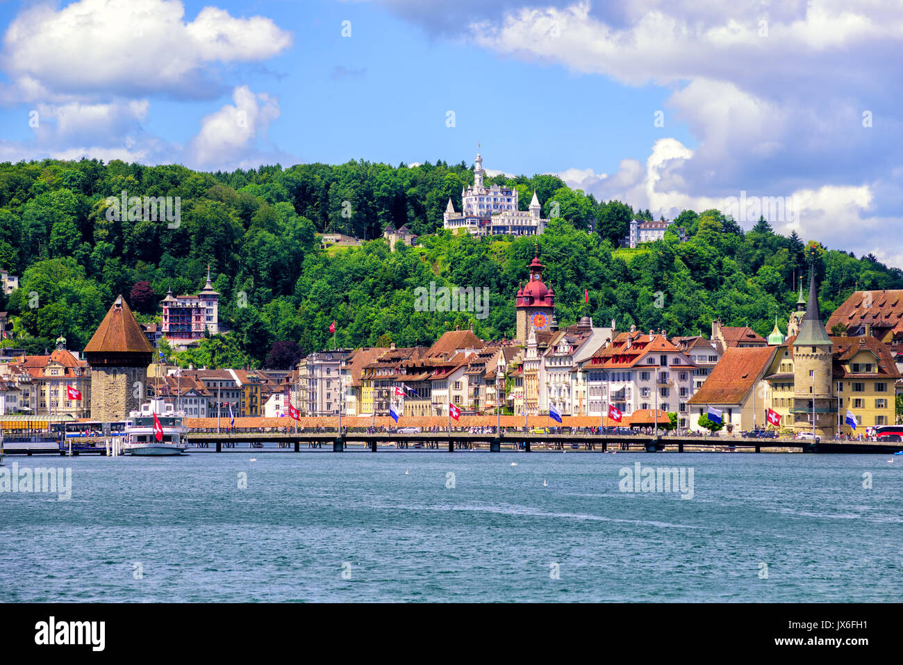 Historical medieval Old Town of Lucerne on Lake Lucerne, Alps mountains, Switzerland Stock Photo