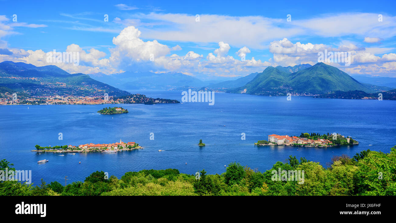 Panoramic view of Lago Maggiore lake, three Borromean islands (Isola Bella, Superiore, Madre) and Alps mountains, Italy, Switzerland Stock Photo