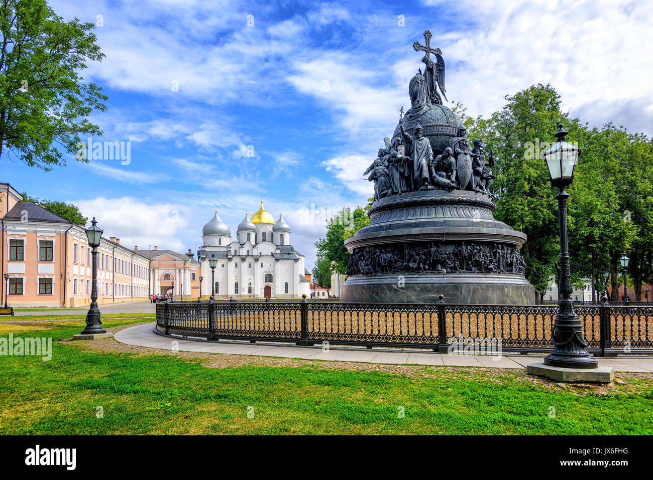 The Millennium of Russia bronze monument in the Novgorod Kremlin with Saint Sophia Cathedral in the background, Russian Federation Stock Photo