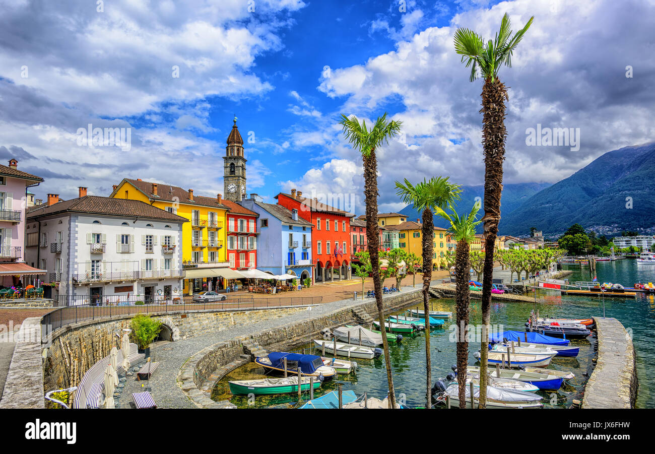 Ascona Old Town, Switzerland, is a popular tourist destination on Lago Maggiore in Alps Mountains Stock Photo