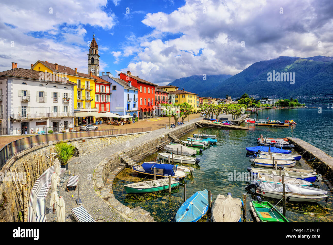 Ascona Old Town, Switzerland, is a popular tourist destination on Lago Maggiore in Alps Mountains Stock Photo