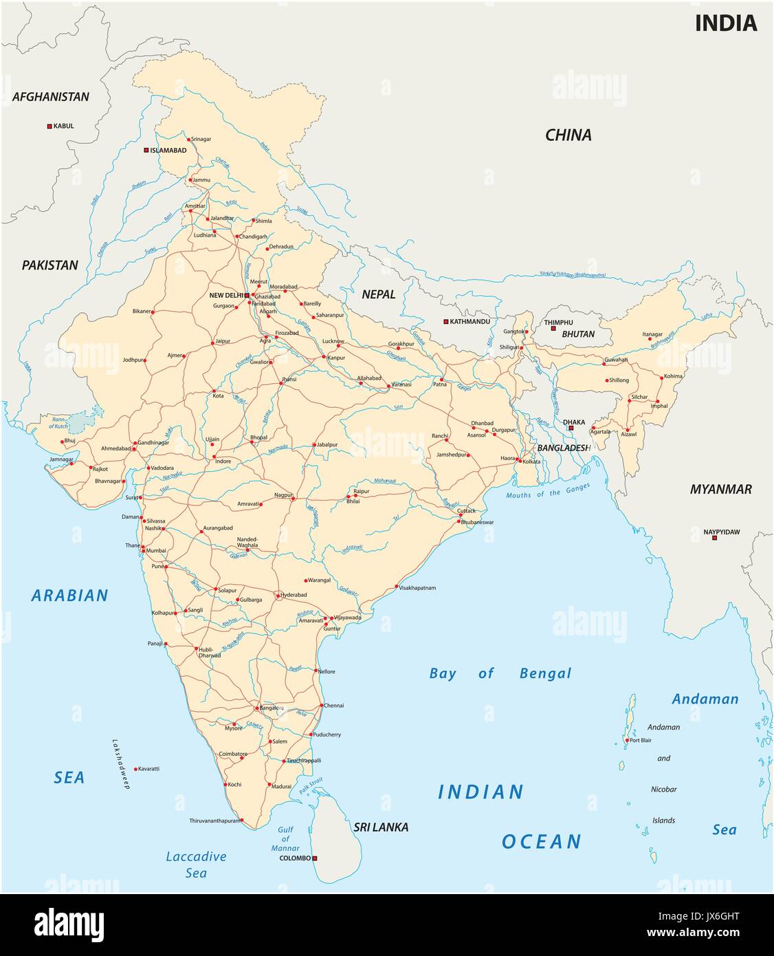 India road map with the main cities Stock Vector