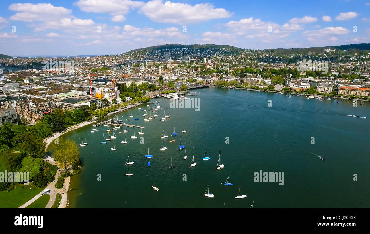 Aerial View Of Yachts Around Lake Marina In Zurich Switzerland Stock Photo