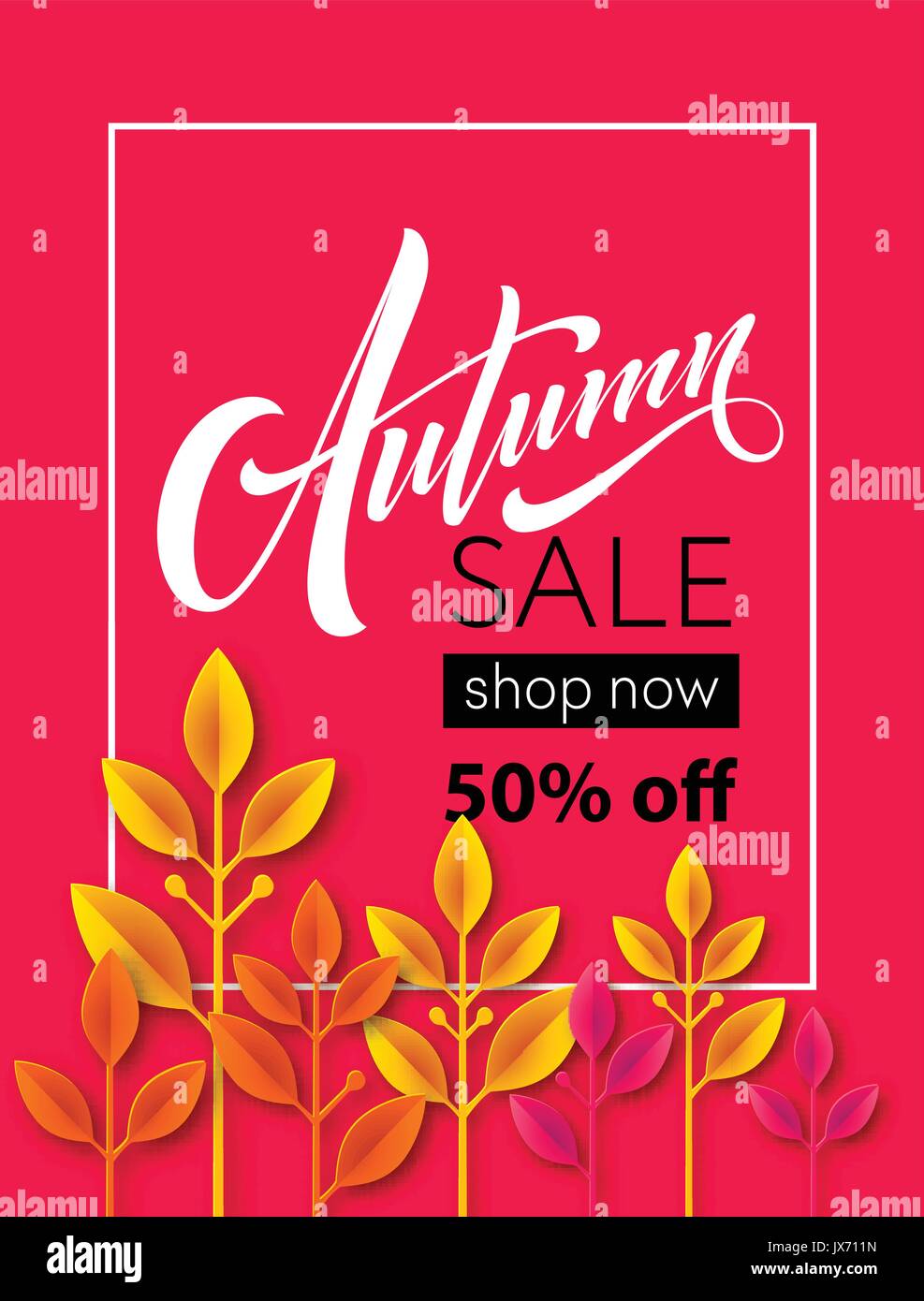 Fall sale background design with colorful paper cut autumn leaves. Vector illustration Stock Vector