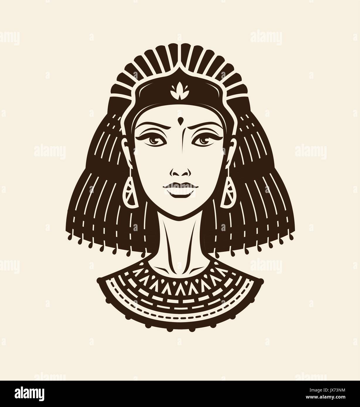 Portrait of beautiful young woman, girl in ethnic outfit. Princess, female warrior logo or label. Vintage vector illustration Stock Vector