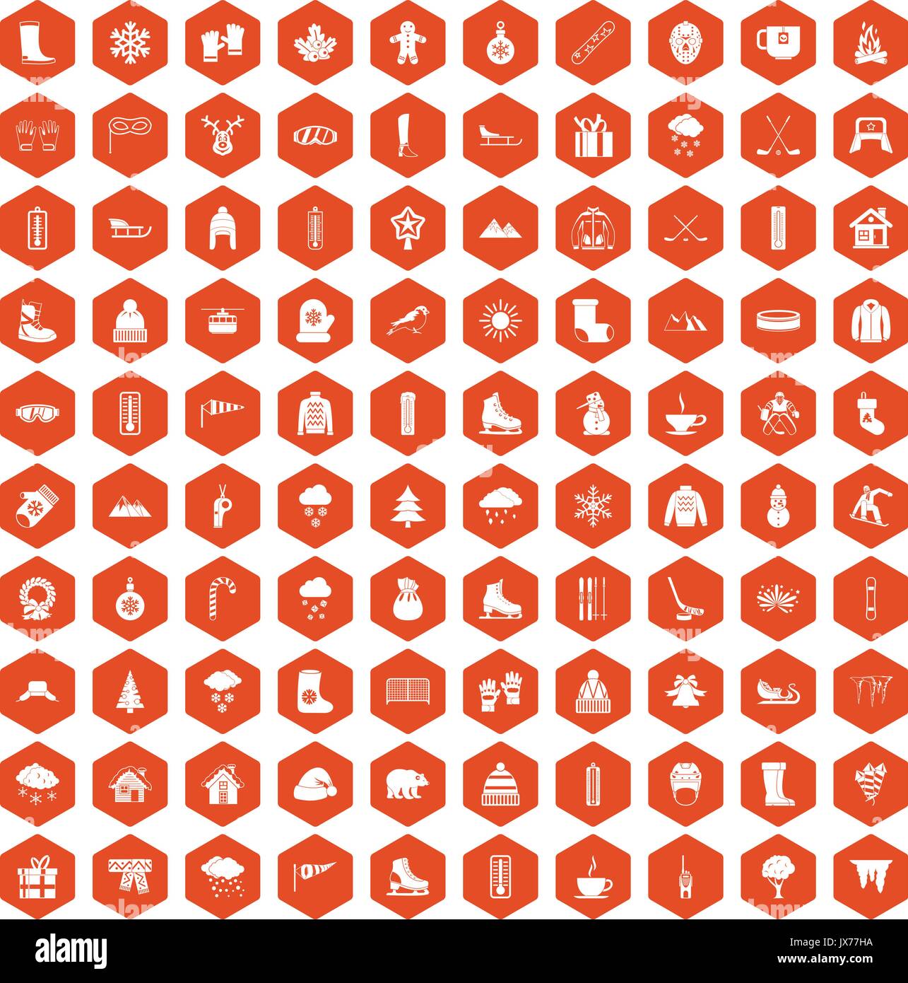 100 winter icons hexagon orange Stock Vector