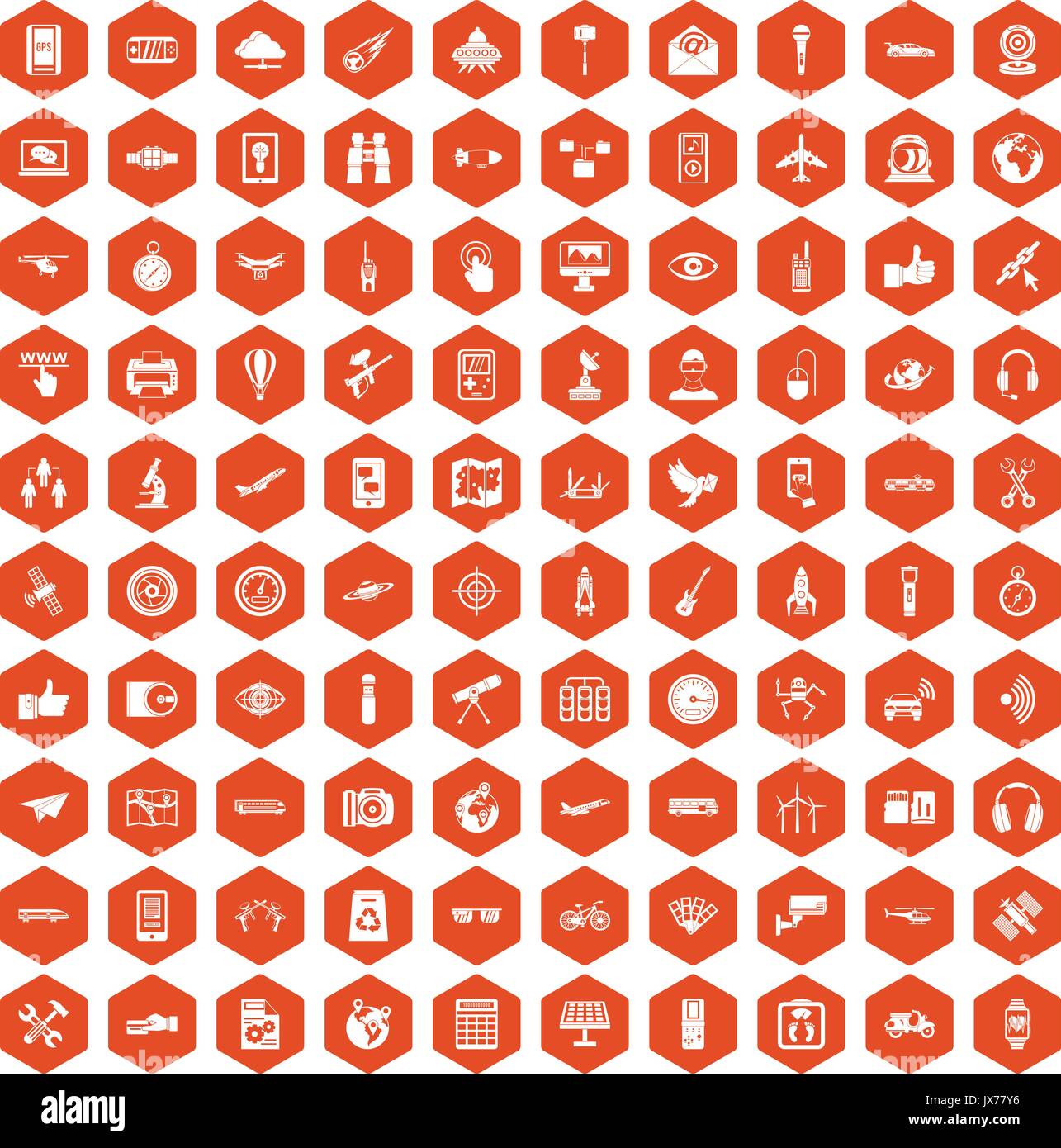 100 wireless technology icons hexagon orange Stock Vector