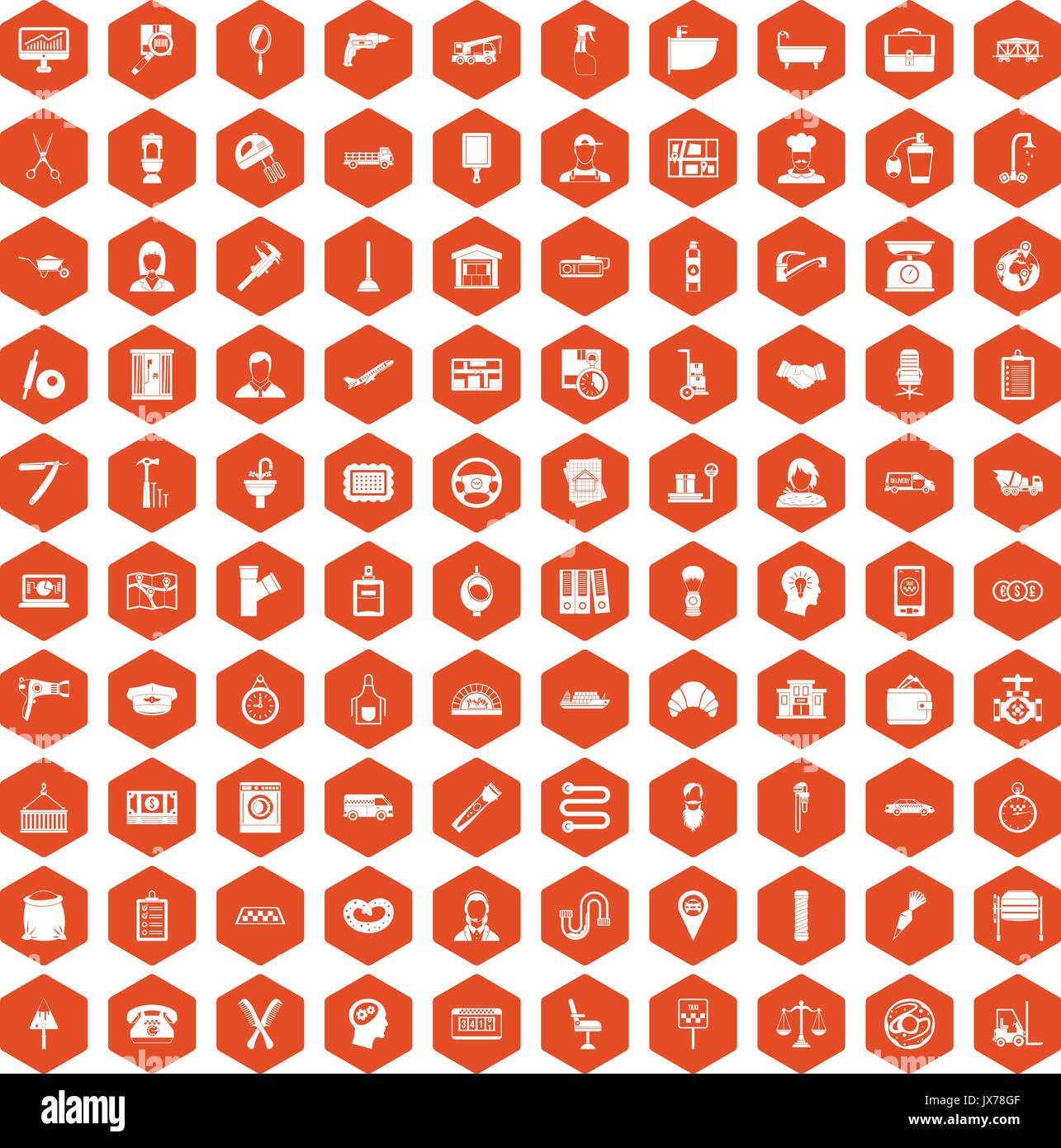 100 work icons hexagon orange Stock Vector
