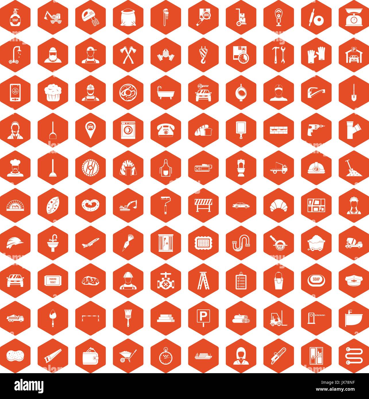 100 working professions icons hexagon orange Stock Vector