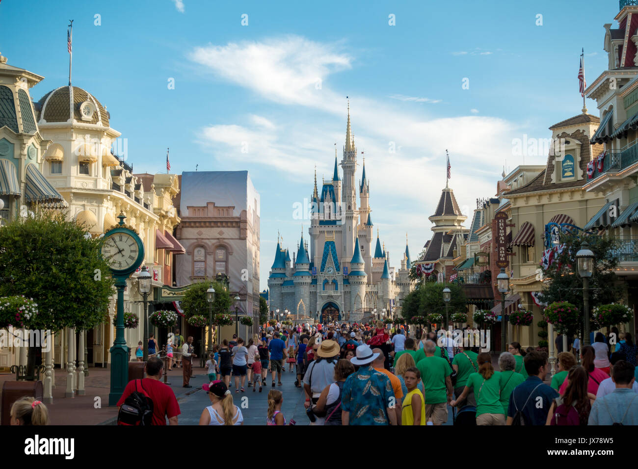 Main Street USA towards Cinderella Castle in Magic Kingdom theme park, Walt Disney World, Orlando, Florida. Stock Photo