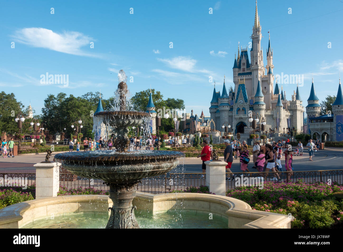 Fountain in the Hub area of Magic Kingdom with Cinderalla Castle in the background Stock Photo