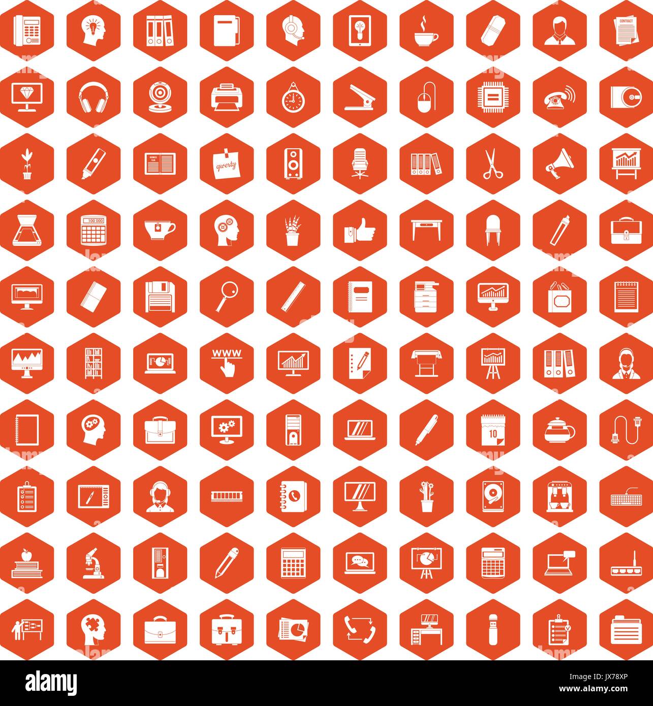 100 work space icons hexagon orange Stock Vector