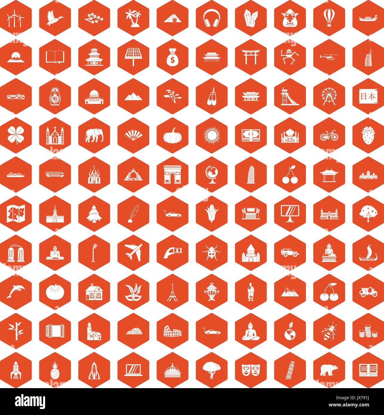 100 world icons hexagon orange Stock Vector