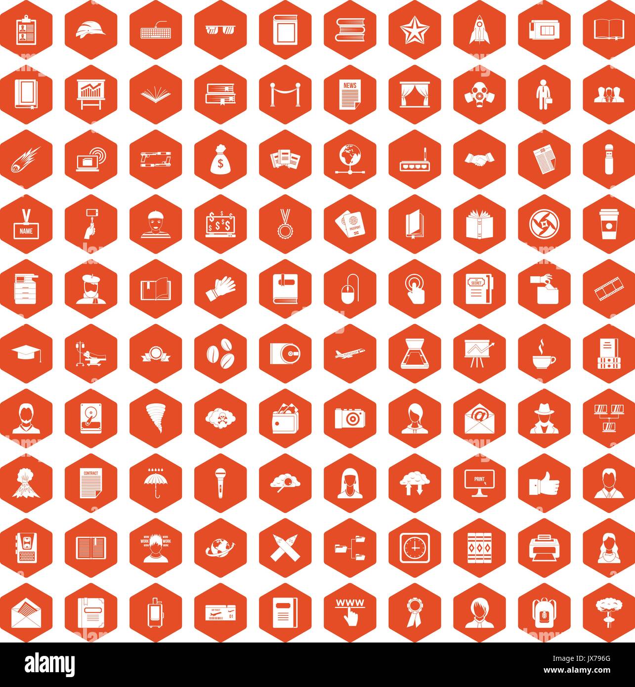 100 writer icons hexagon orange Stock Vector