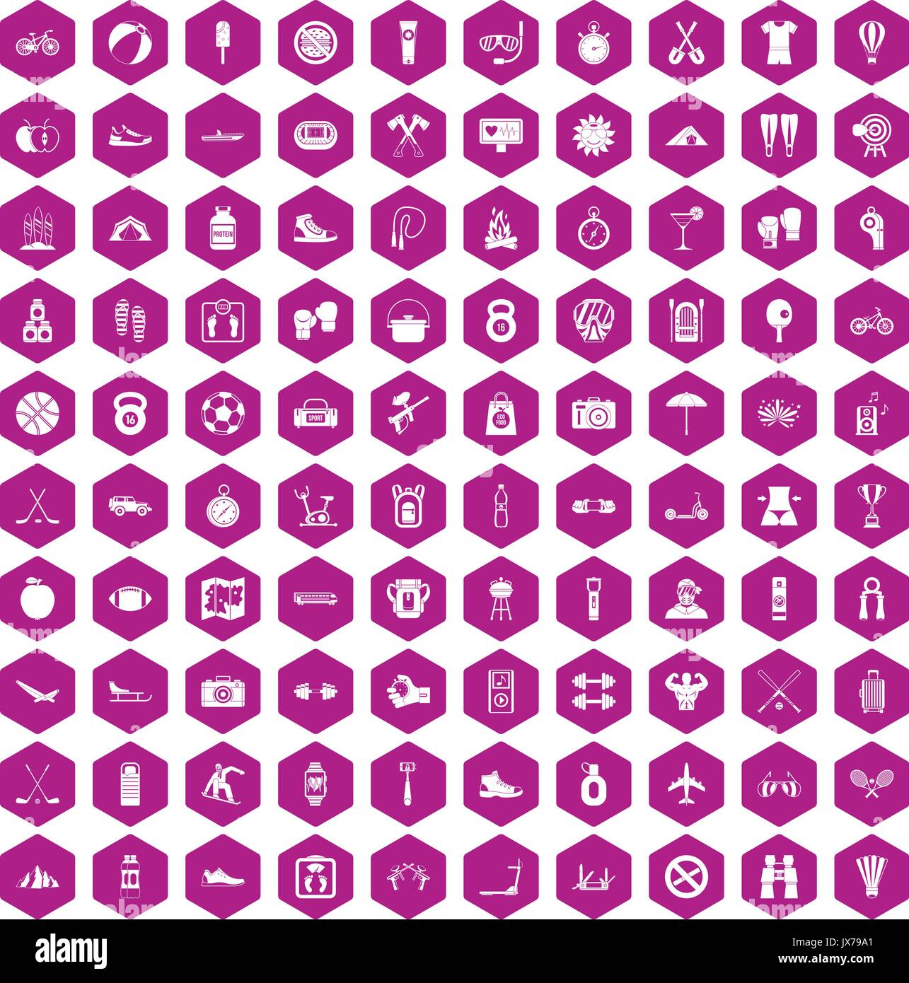 100 active life icons hexagon violet Stock Vector