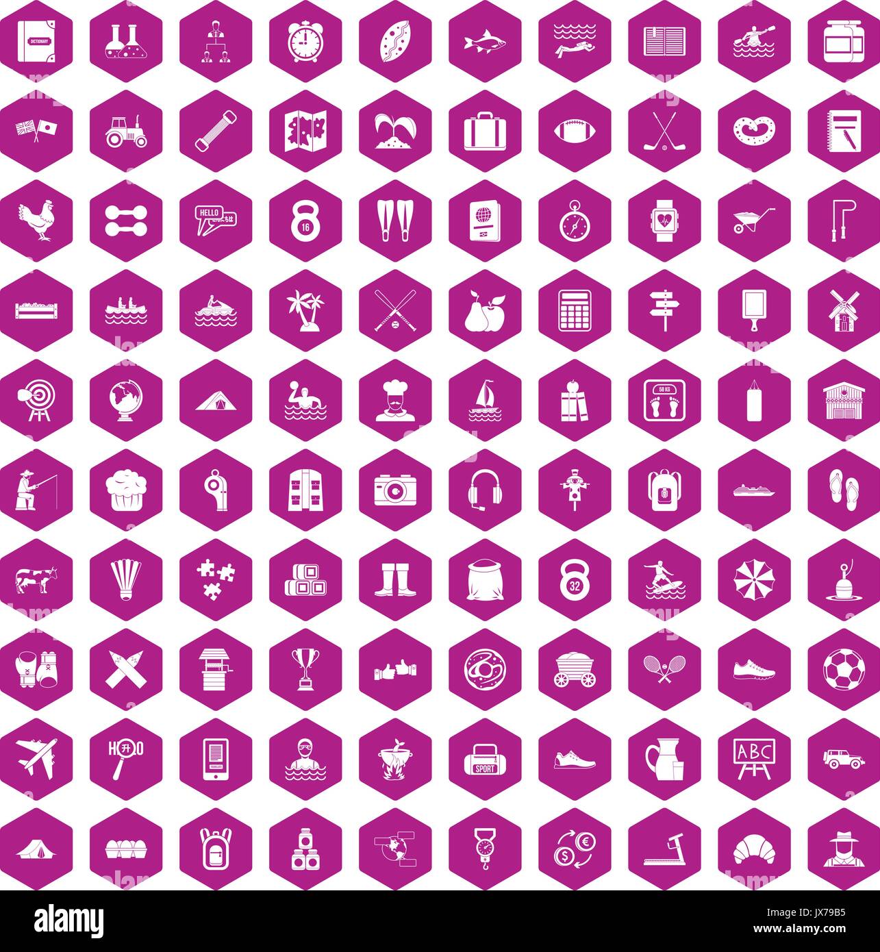 100 activity icons hexagon violet Stock Vector