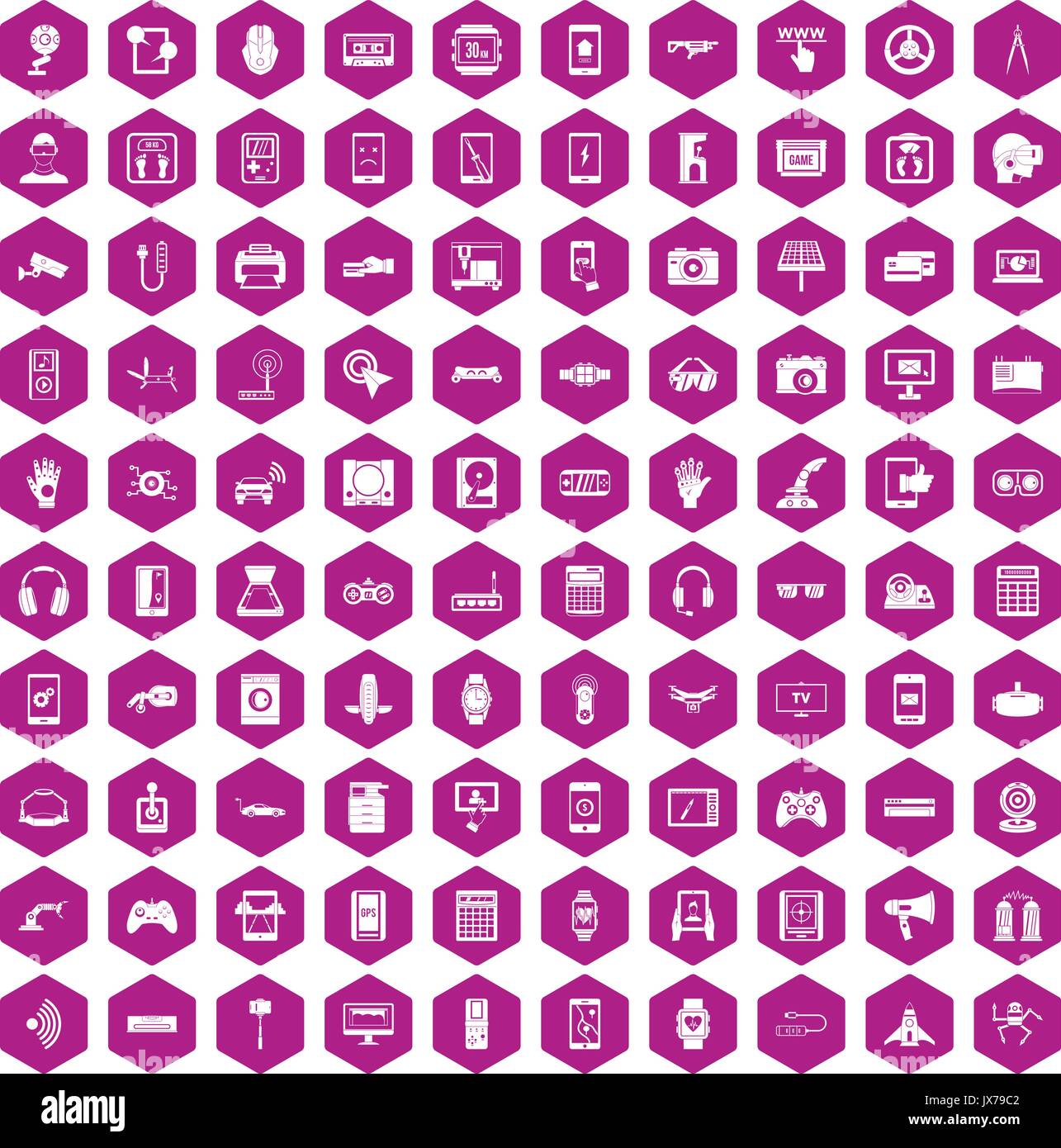 100 adjustment icons hexagon violet Stock Vector