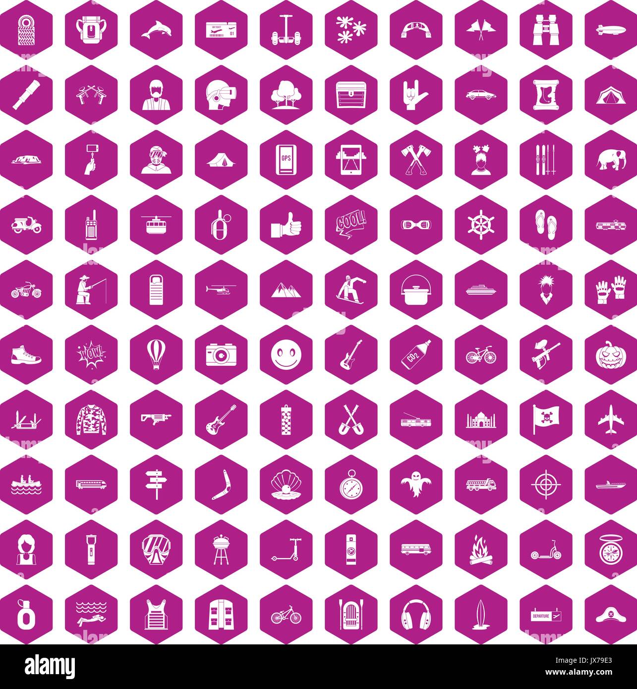 100 adventure icons hexagon violet Stock Vector
