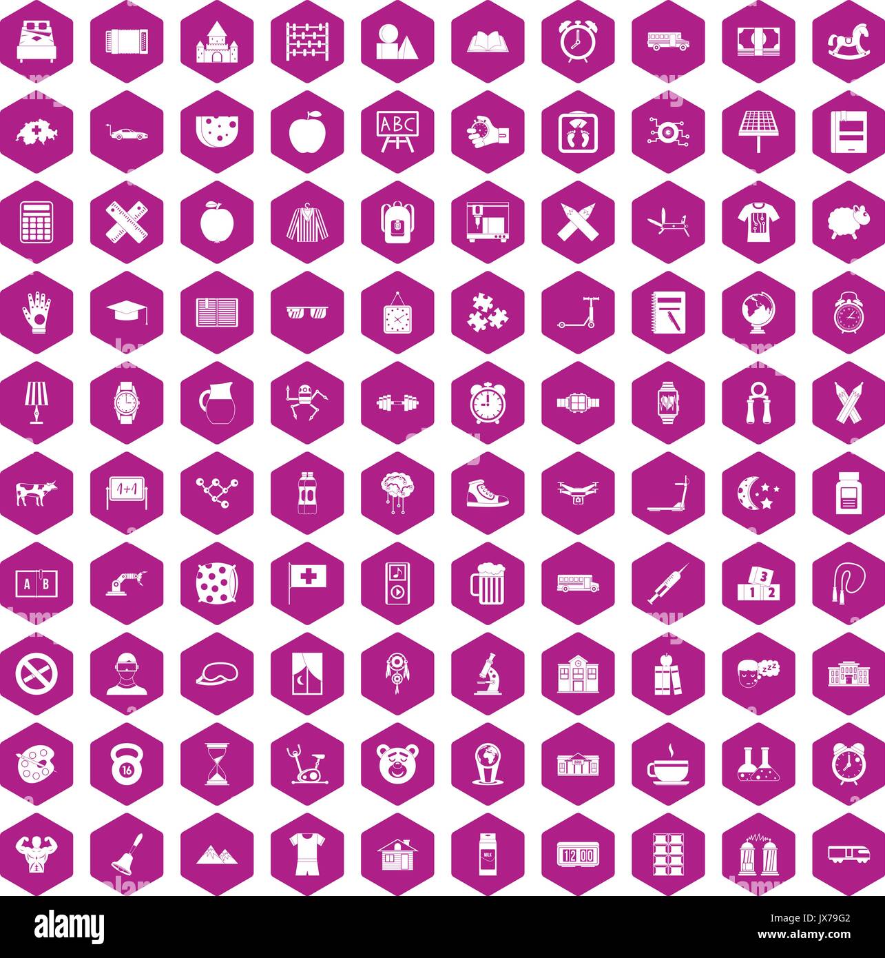 100 alarm clock icons hexagon violet Stock Vector