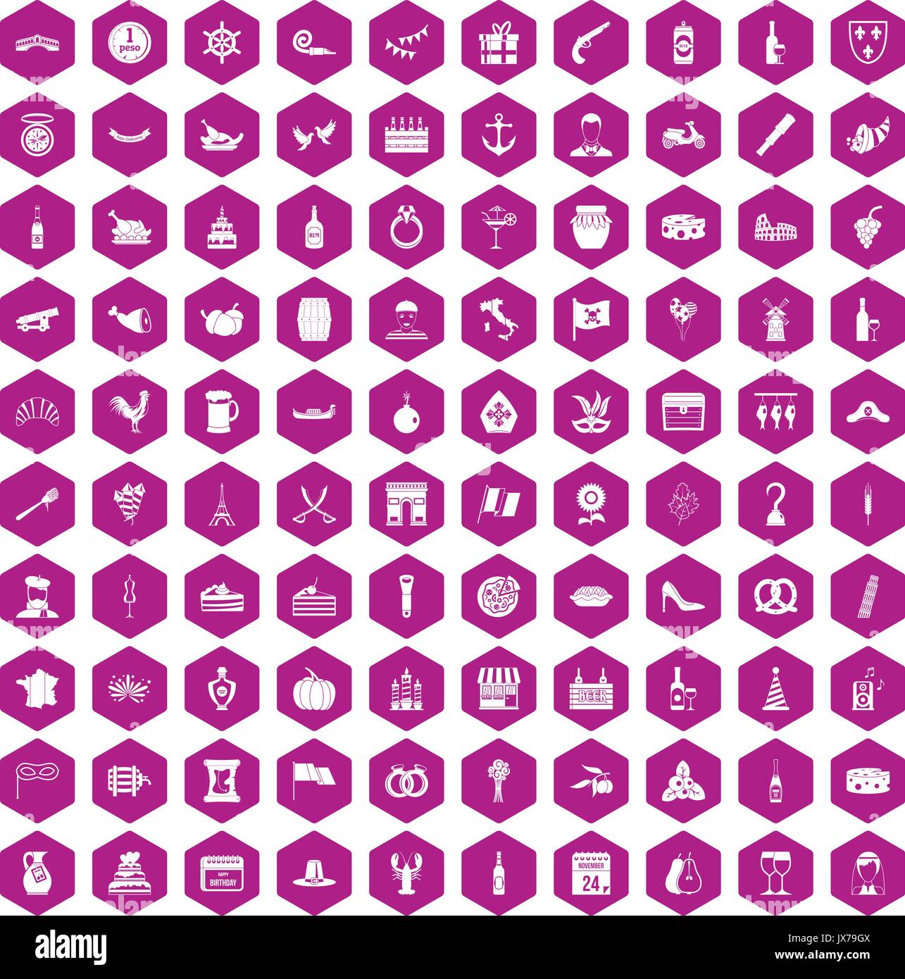 100 alcohol icons hexagon violet Stock Vector