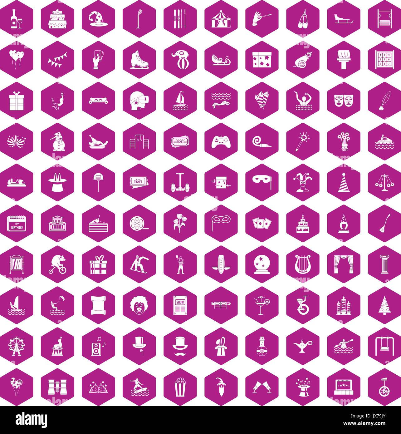 100 amusement icons hexagon violet Stock Vector