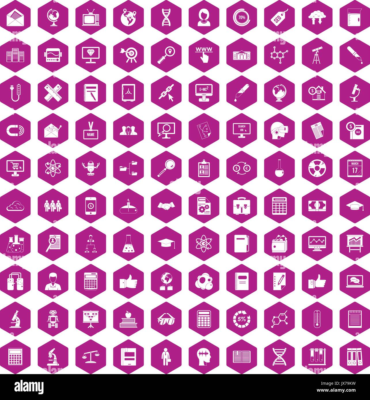 100 analytics icons hexagon violet Stock Vector
