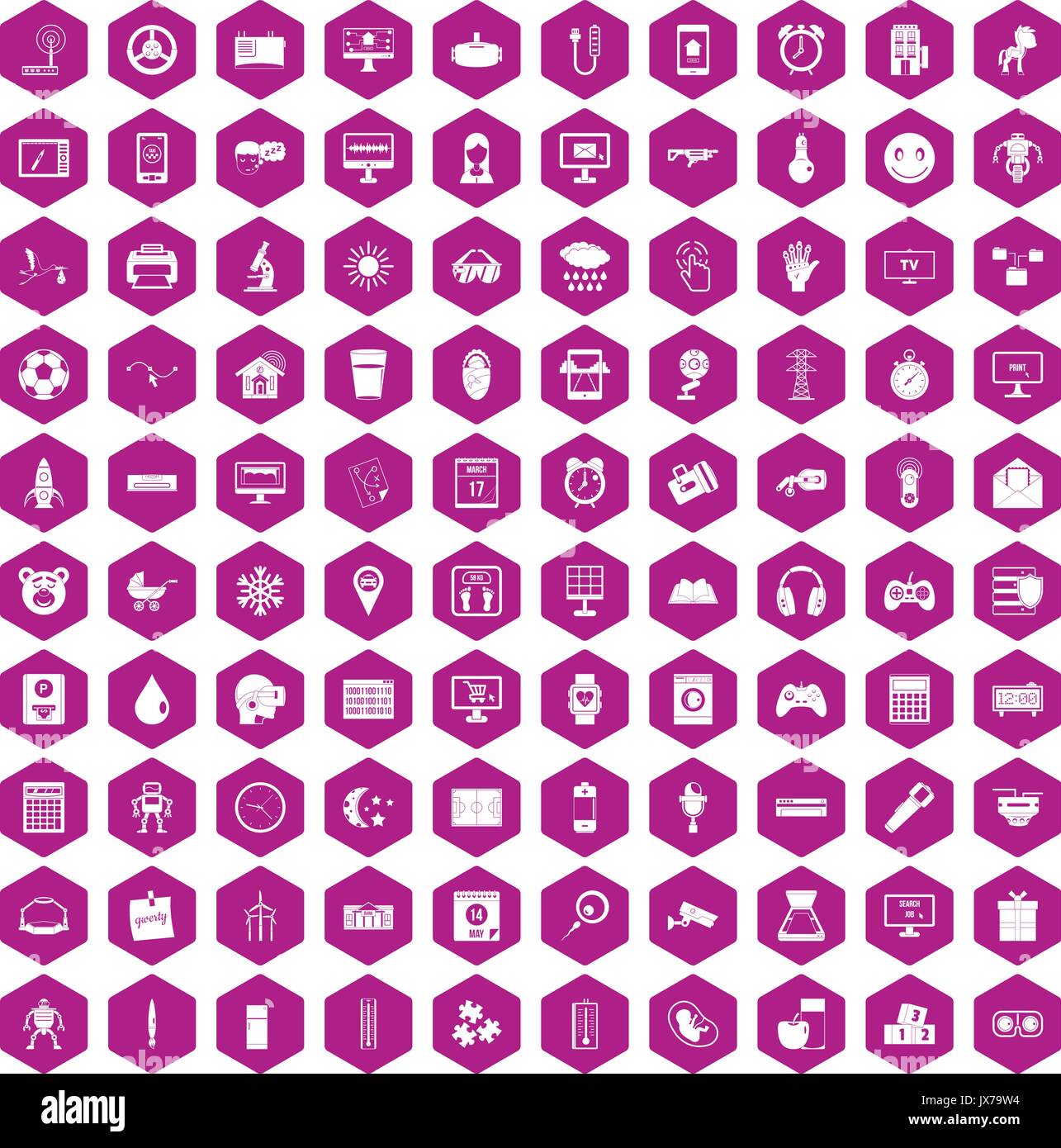100 app icons hexagon violet Stock Vector