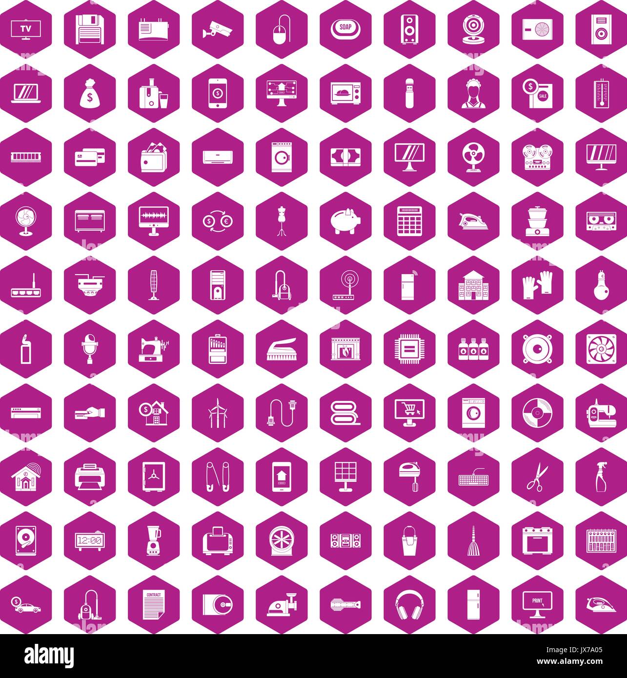 100 appliances icons hexagon violet Stock Vector
