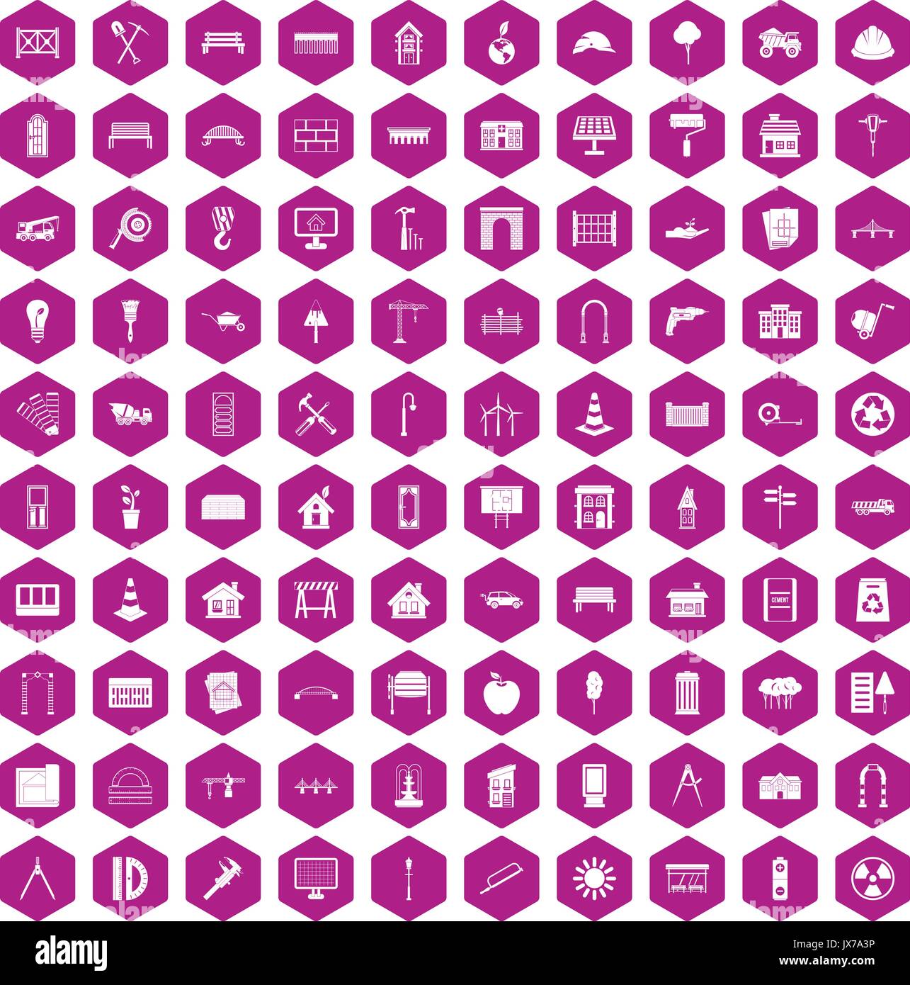 100 architecture icons hexagon violet Stock Vector