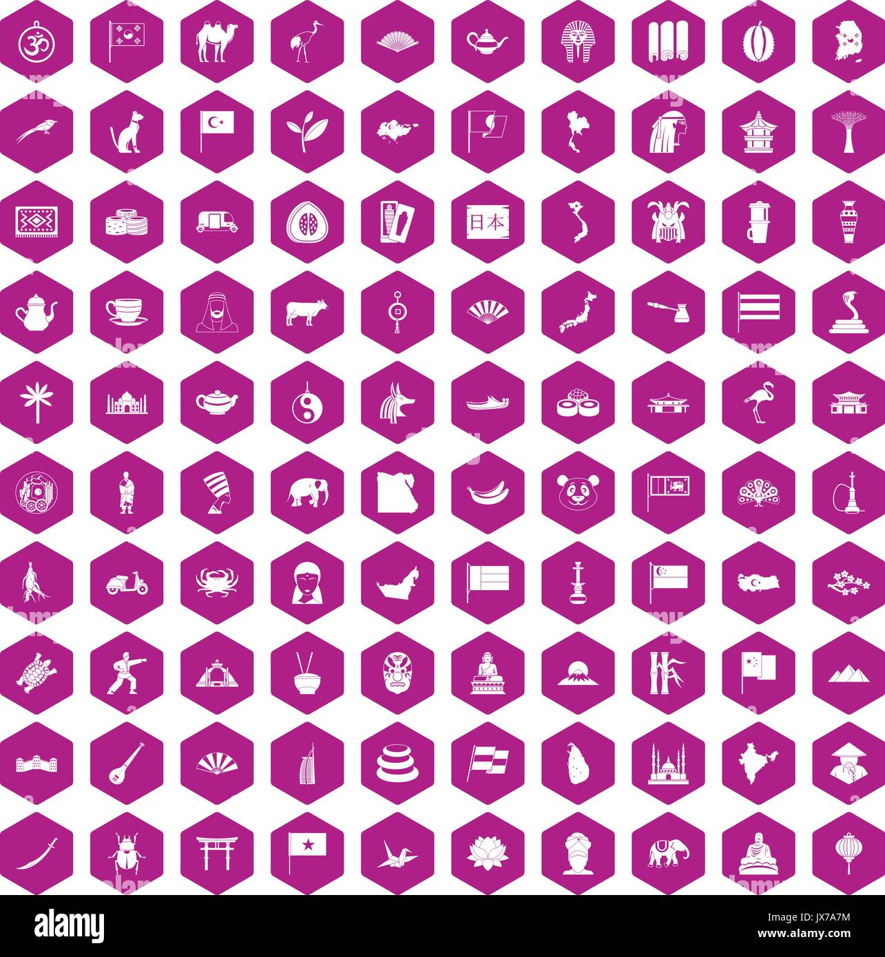 100 Asia icons hexagon violet Stock Vector