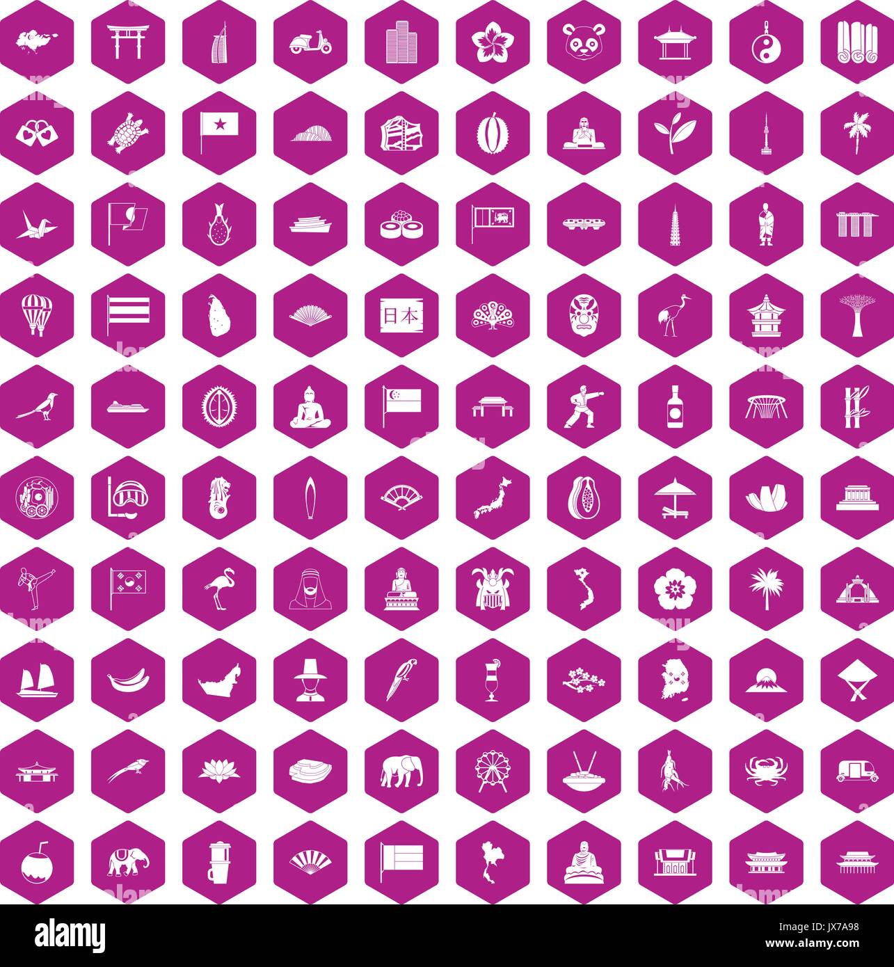 100 asian icons hexagon violet Stock Vector