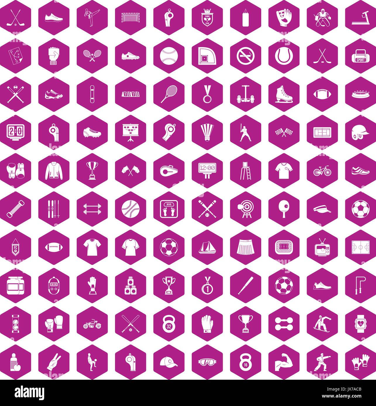 100 athlete icons hexagon violet Stock Vector