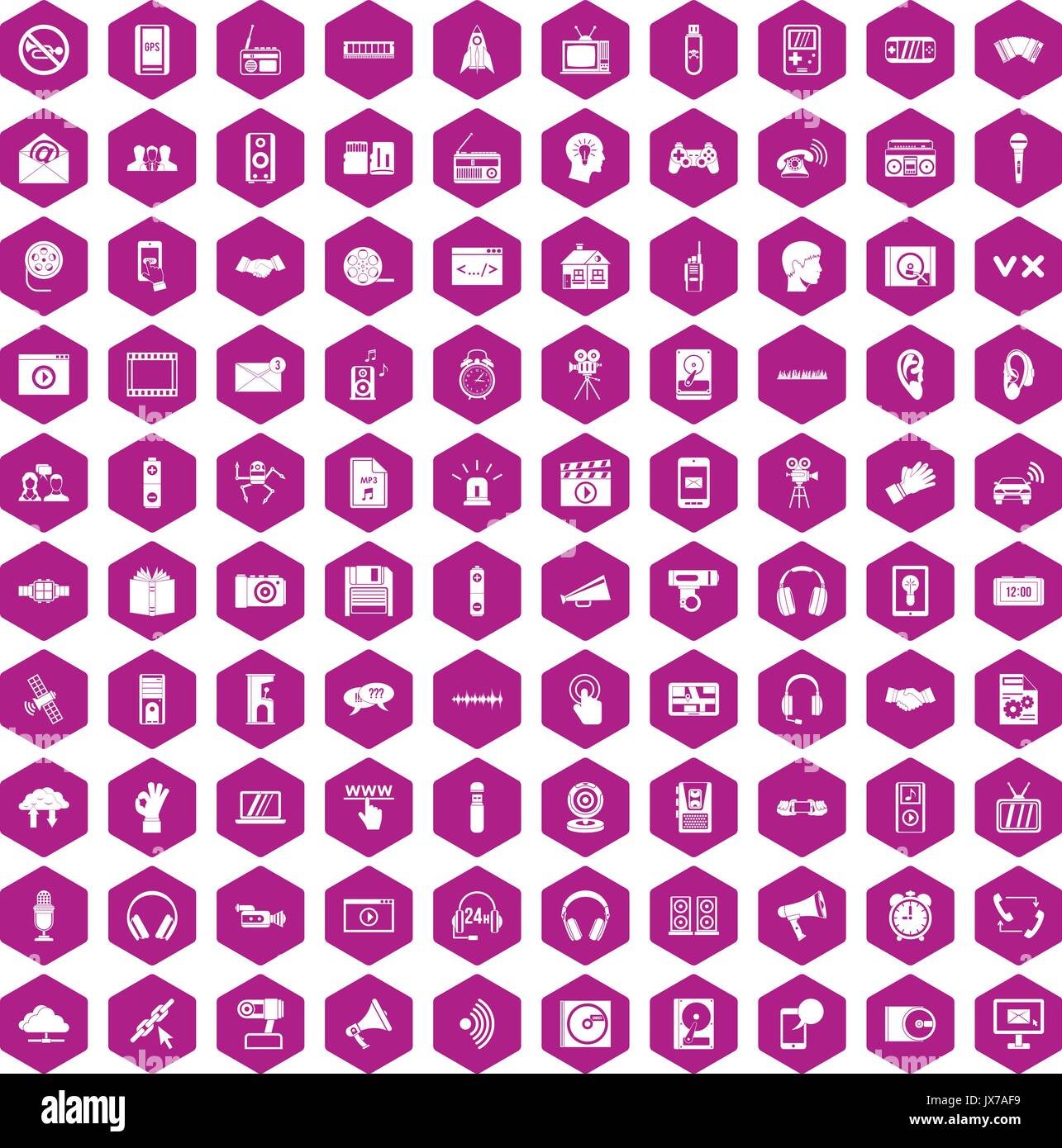 100 audio icons hexagon violet Stock Vector