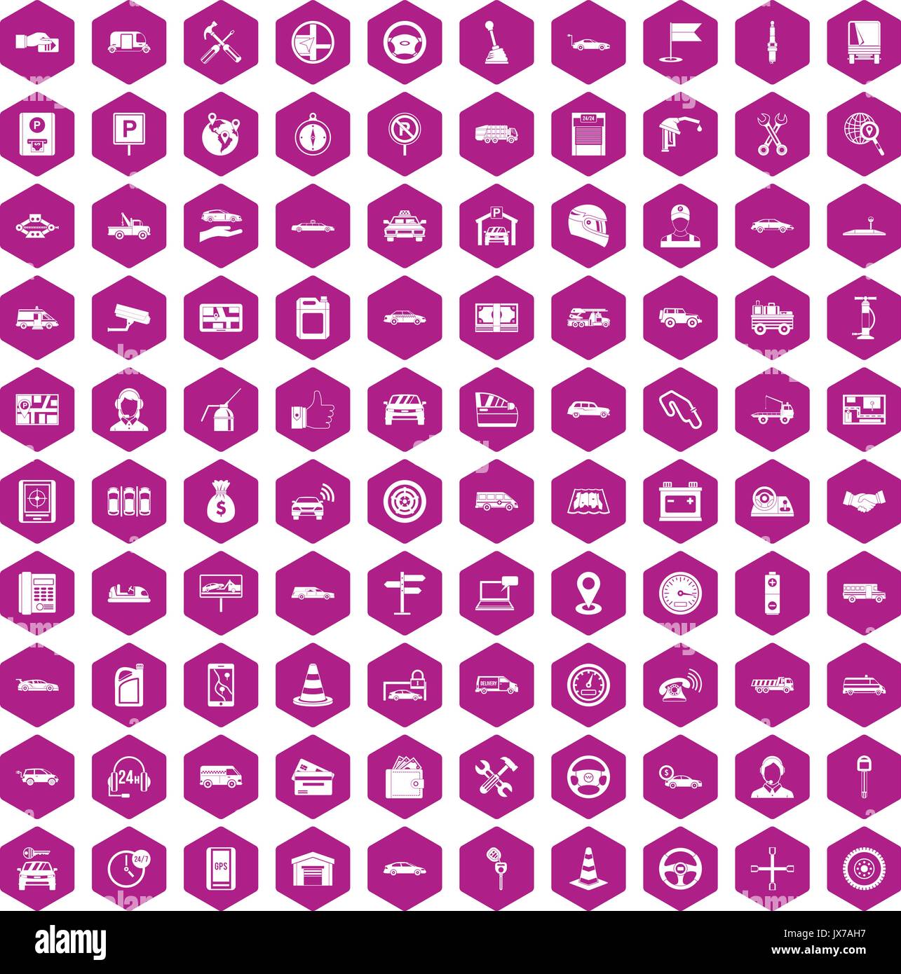 100 auto icons hexagon violet Stock Vector