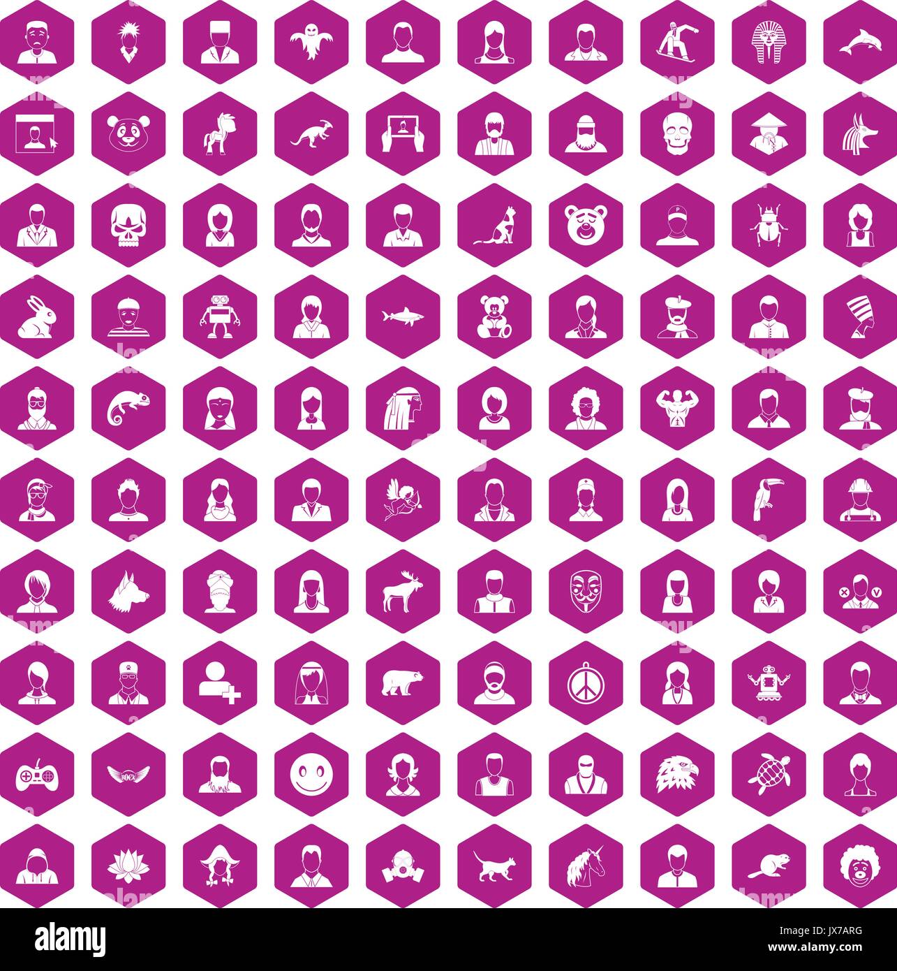 100 avatar icons hexagon violet Stock Vector