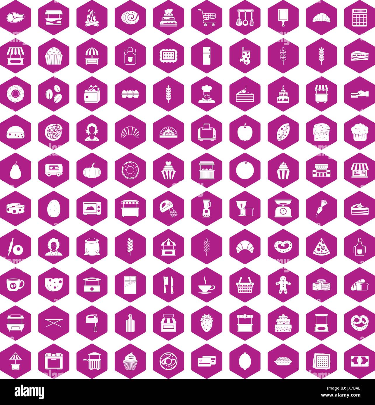 100 bakery icons hexagon violet Stock Vector