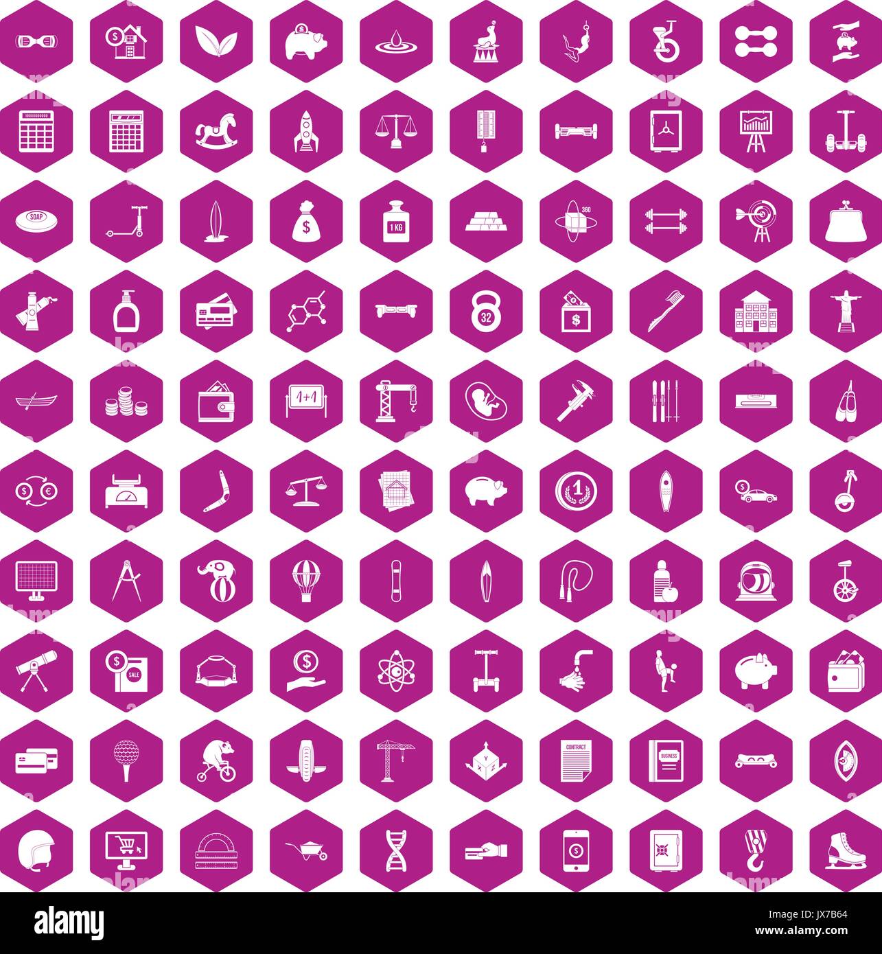 100 balance icons hexagon violet Stock Vector