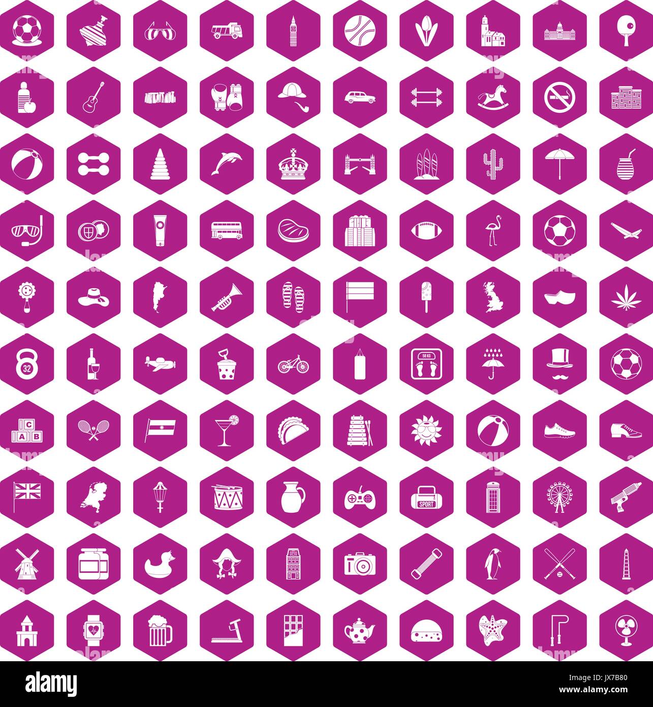 100 ball icons hexagon violet Stock Vector