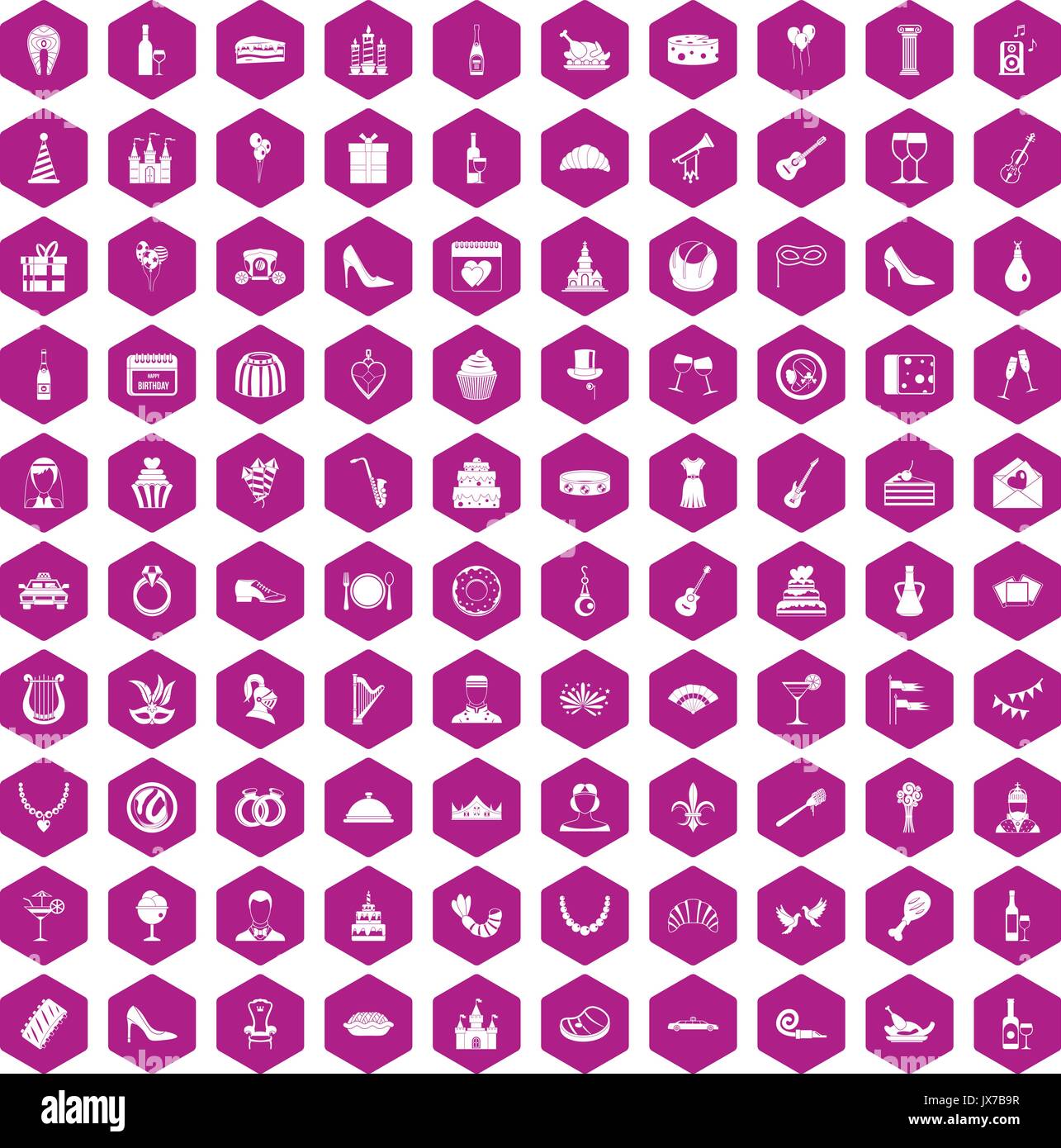 100 banquet icons hexagon violet Stock Vector