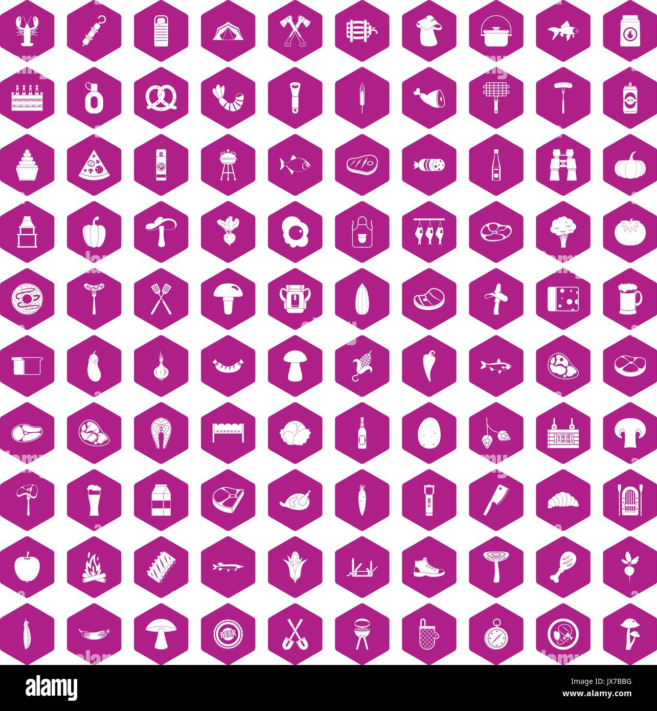 100 barbecue icons hexagon violet Stock Vector