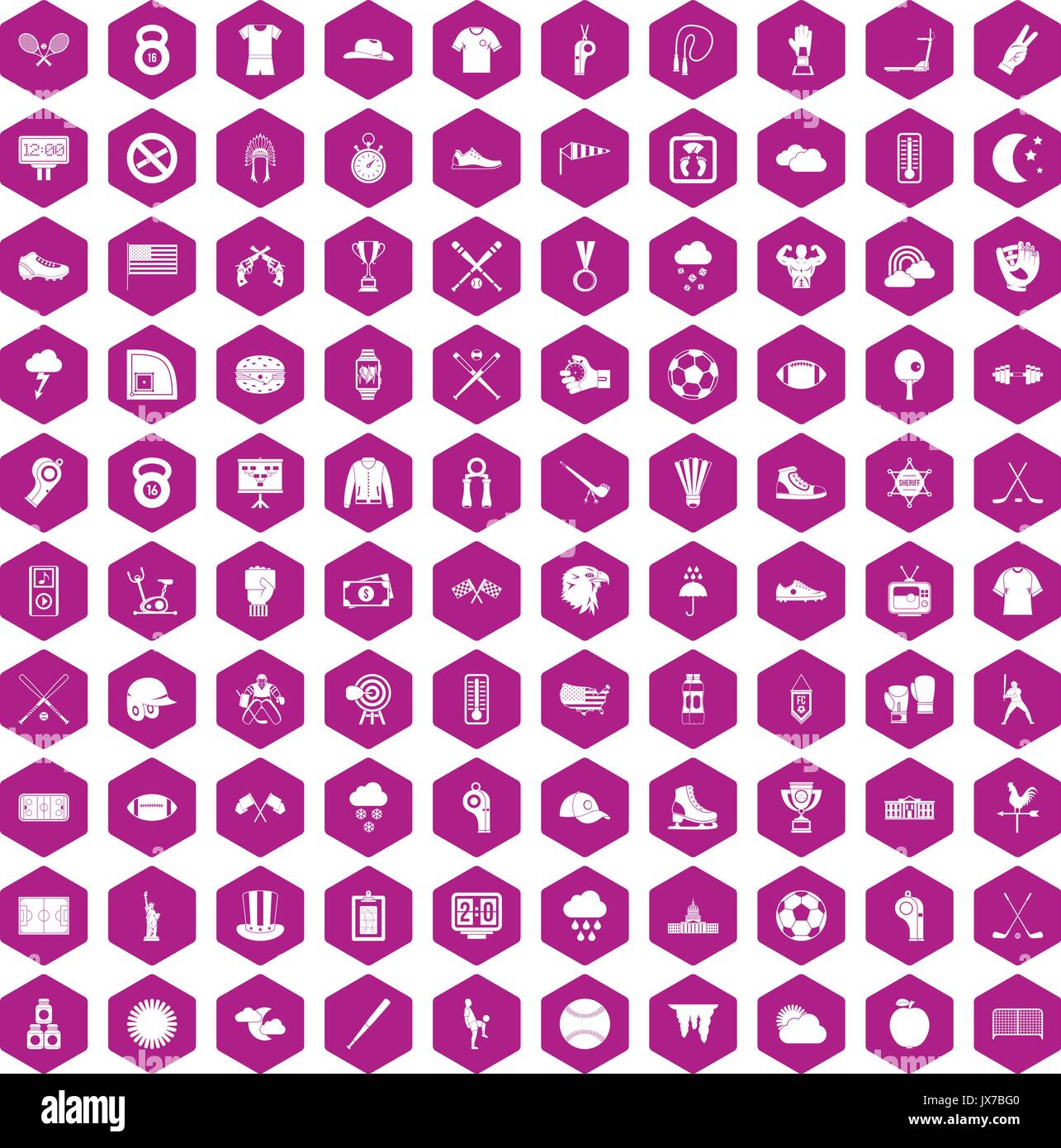 100 baseball icons hexagon violet Stock Vector