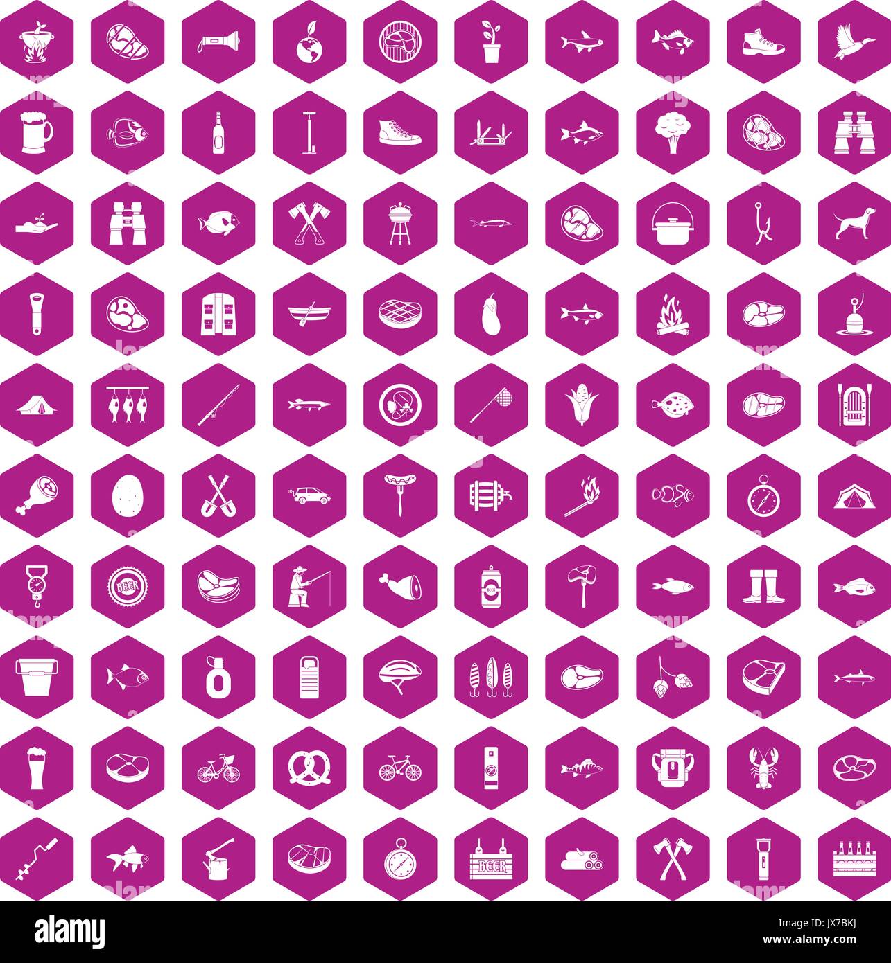 100 BBQ icons hexagon violet Stock Vector